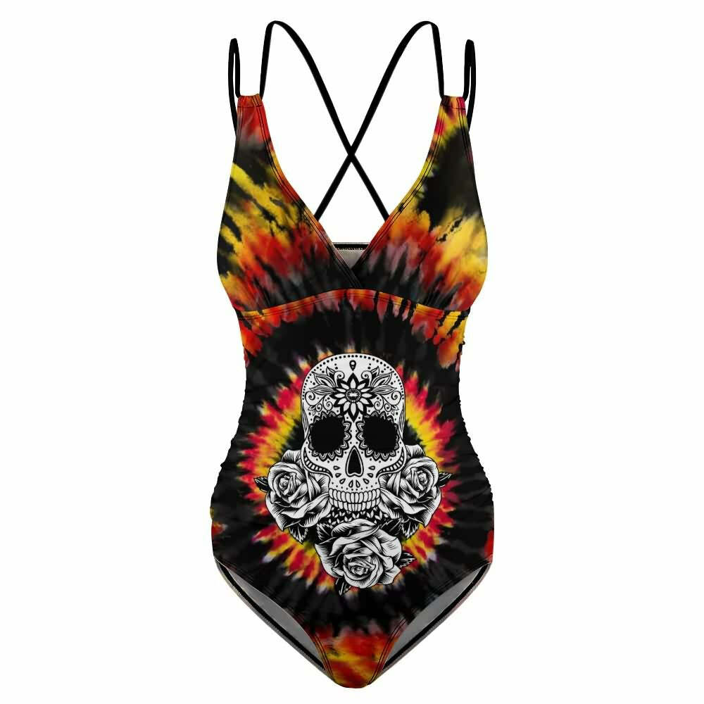 Y2K Grunge Tie Dye Sugar Skull Push Up One Piece Swimsuit - Retro 90s Summer Beachwear