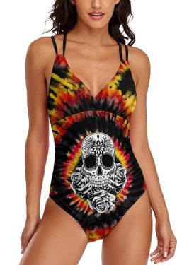 Y2K Grunge Tie Dye Sugar Skull Push Up One Piece Swimsuit - Retro 90s Summer Beachwear