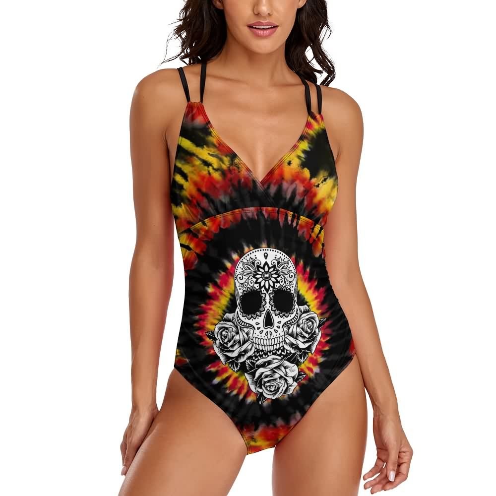 Y2K Grunge Tie Dye Sugar Skull Push Up One Piece Swimsuit - Retro 90s Summer Beachwear