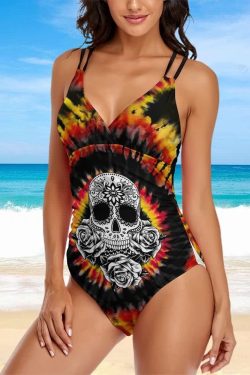 Y2K Grunge Tie Dye Sugar Skull Push Up One Piece Swimsuit - Retro 90s Summer Beachwear
