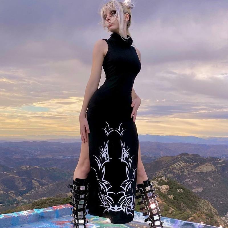 Y2K Grunge Turtleneck Maxi Dress - 90s Retro Summer Outfit, Gothic Y2K Fashion