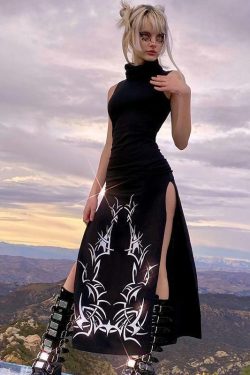 Y2K Grunge Turtleneck Maxi Dress - 90s Retro Summer Outfit, Gothic Y2K Fashion