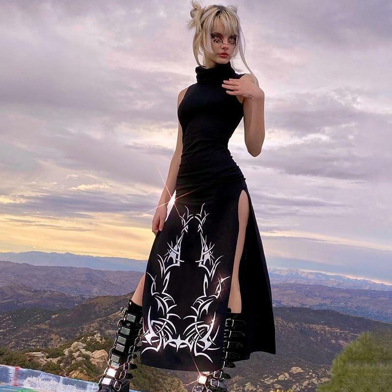 Y2K Grunge Turtleneck Maxi Dress - 90s Retro Summer Outfit, Gothic Y2K Fashion