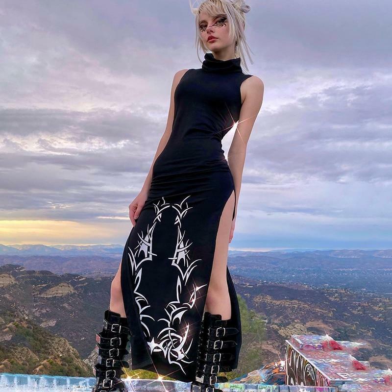 Y2K Grunge Turtleneck Maxi Dress - 90s Retro Summer Outfit, Gothic Y2K Fashion