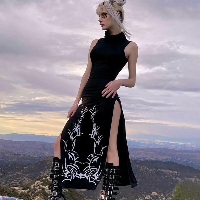 Y2K Grunge Turtleneck Maxi Dress - 90s Retro Summer Outfit, Gothic Y2K Fashion