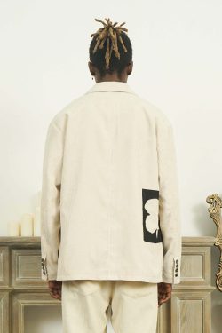 Y2K Grunge Two-Tone Flower Corduroy Blazer - Retro 90s Summer Outfit, Pastel Goth Fashion