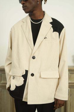 Y2K Grunge Two-Tone Flower Corduroy Blazer - Retro 90s Summer Outfit, Pastel Goth Fashion