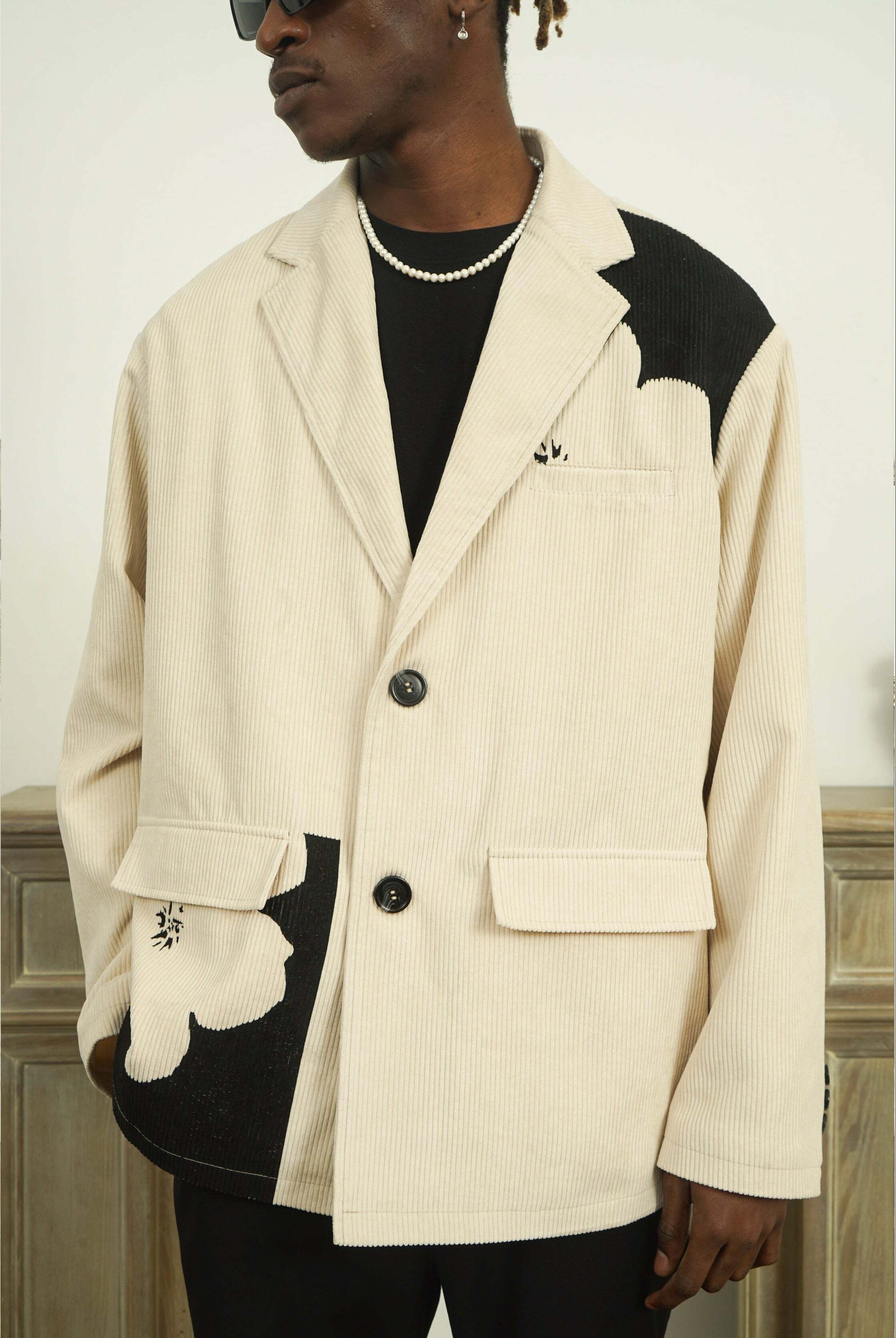 Y2K Grunge Two-Tone Flower Corduroy Blazer - Retro 90s Summer Outfit, Pastel Goth Fashion