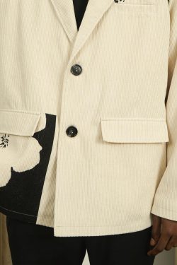 Y2K Grunge Two-Tone Flower Corduroy Blazer - Retro 90s Summer Outfit, Pastel Goth Fashion