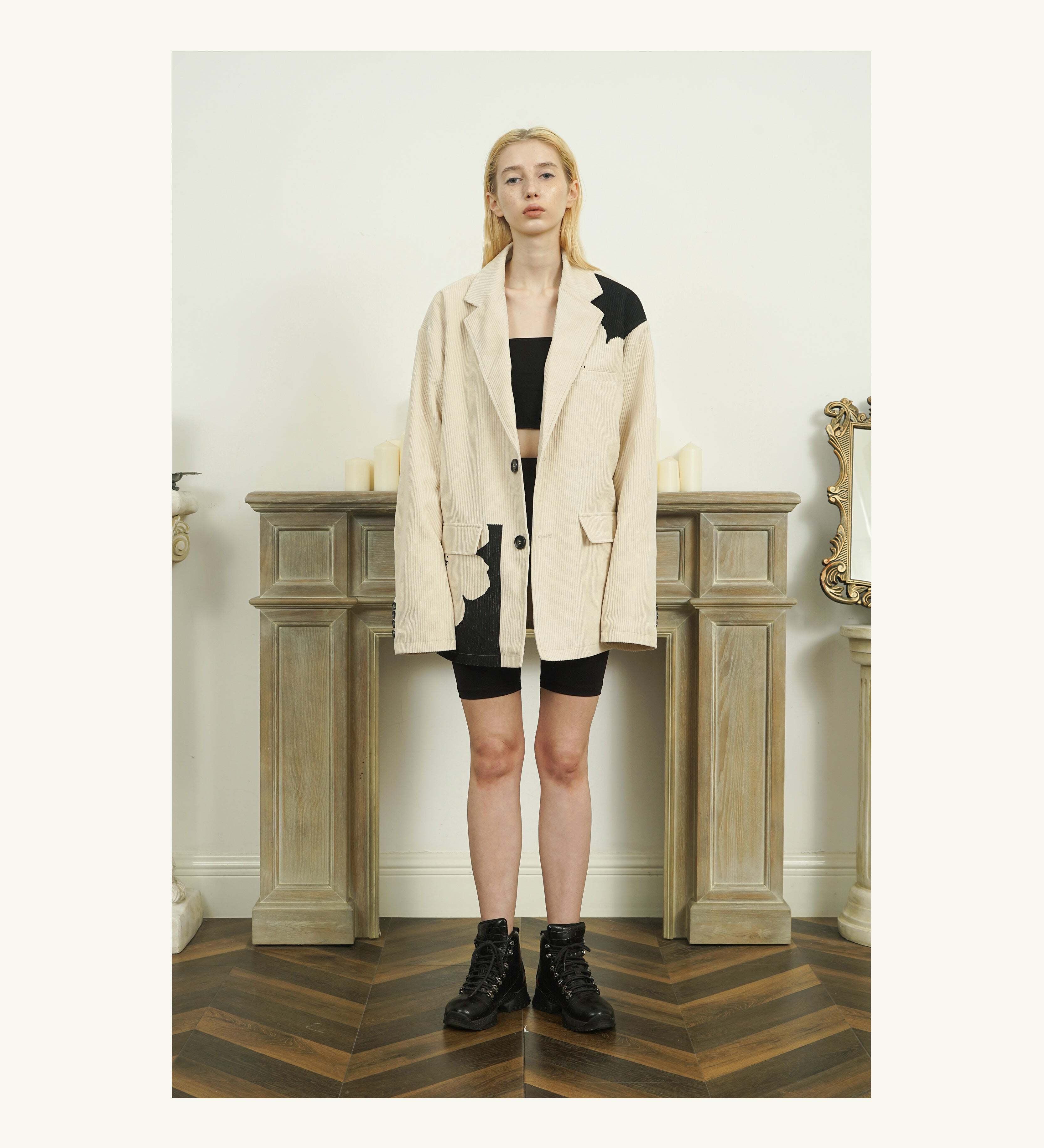 Y2K Grunge Two-Tone Flower Corduroy Blazer - Retro 90s Summer Outfit, Pastel Goth Fashion