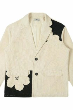 Y2K Grunge Two-Tone Flower Corduroy Blazer - Retro 90s Summer Outfit, Pastel Goth Fashion