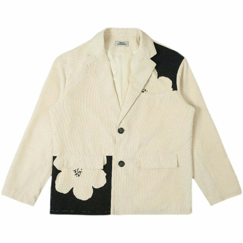 Y2K Grunge Two-Tone Flower Corduroy Blazer - Retro 90s Summer Outfit, Pastel Goth Fashion