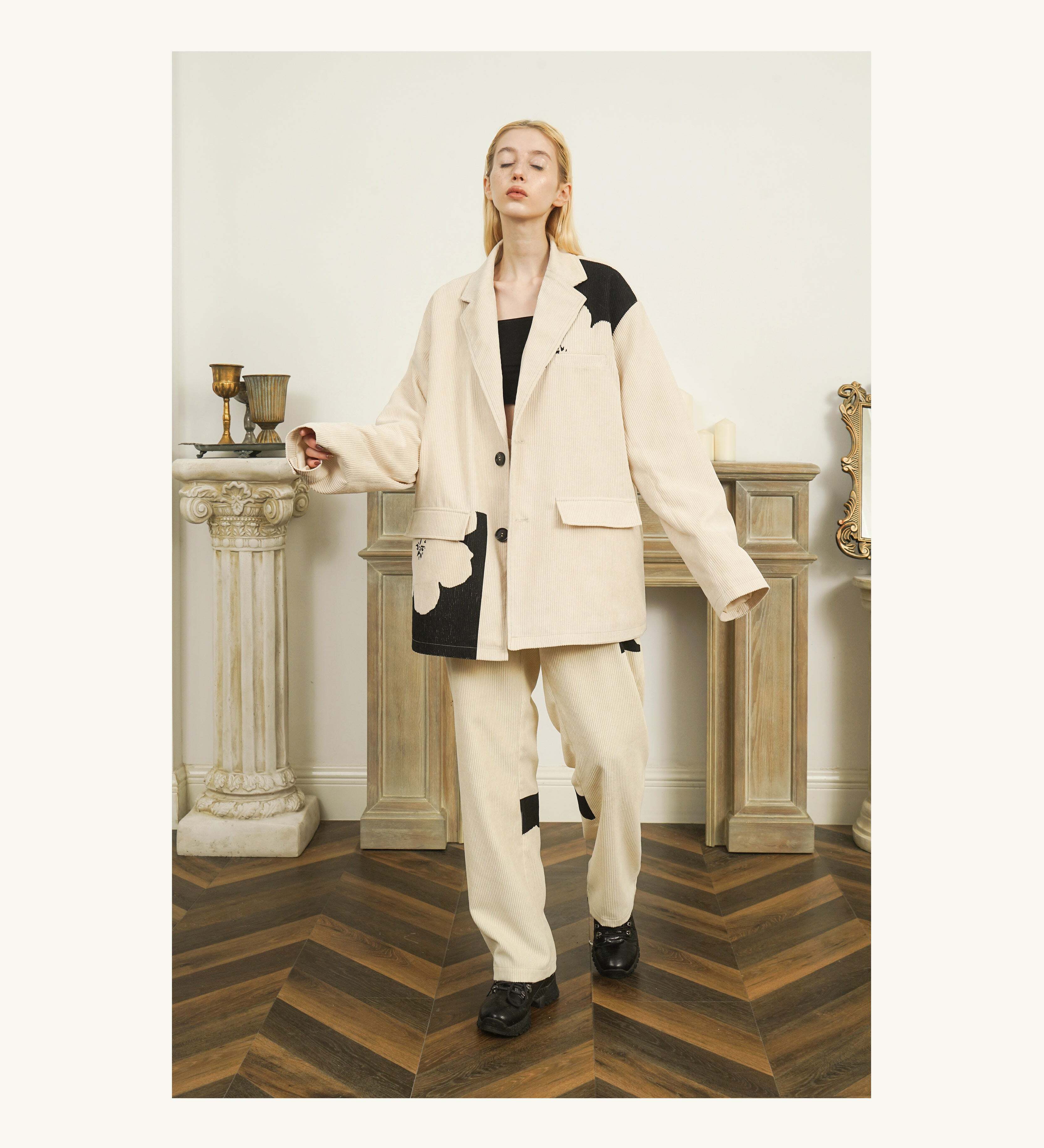 Y2K Grunge Two-Tone Flower Corduroy Blazer - Retro 90s Summer Outfit, Pastel Goth Fashion