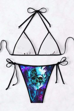 Y2K Grunge Two Face Skull Halter String Bikini Set - Retro 90s Summer Beach Outfit