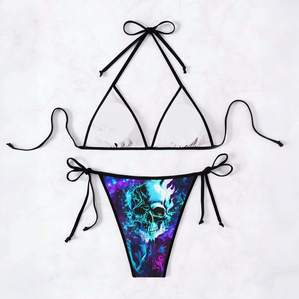 Y2K Grunge Two Face Skull Halter String Bikini Set - Retro 90s Summer Beach Outfit
