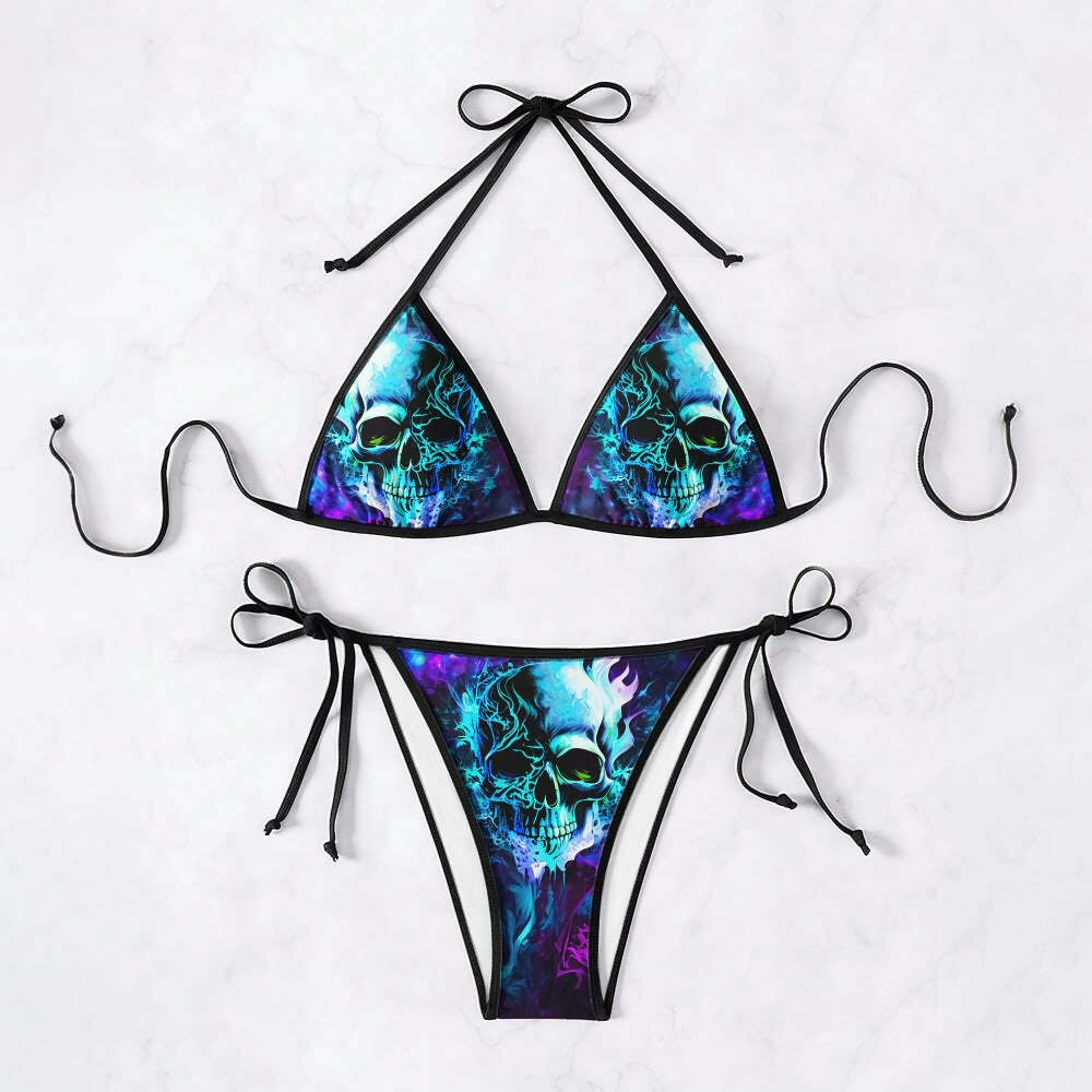 Y2K Grunge Two Face Skull Halter String Bikini Set - Retro 90s Summer Beach Outfit