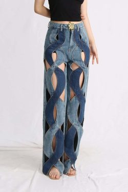 Y2K Grunge Two Tone Criss Cross Cut Out Denim Jeans - 90s Retro Summer Fashion