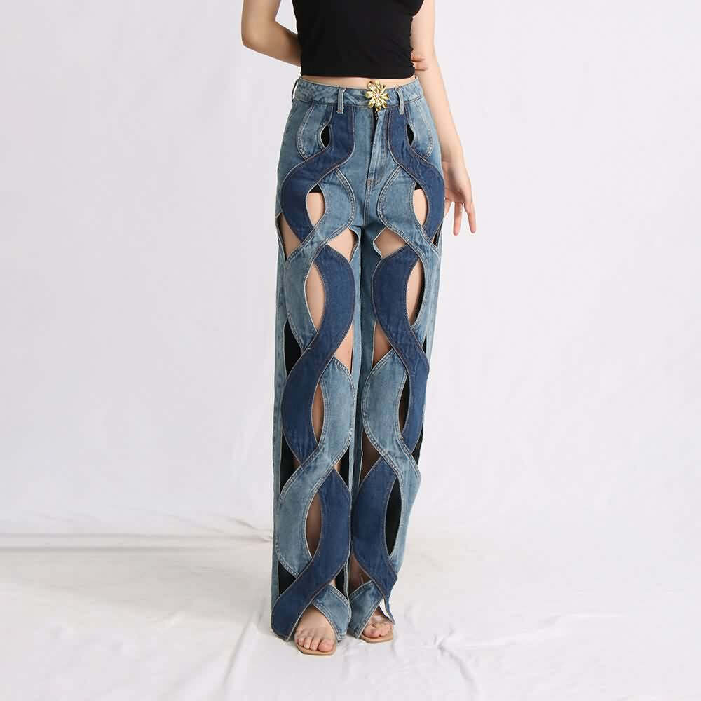 Y2K Grunge Two Tone Criss Cross Cut Out Denim Jeans - 90s Retro Summer Fashion