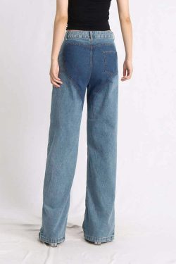 Y2K Grunge Two Tone Criss Cross Cut Out Denim Jeans - 90s Retro Summer Fashion