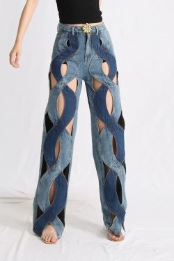 Y2K Grunge Two Tone Criss Cross Cut Out Denim Jeans - 90s Retro Summer Fashion