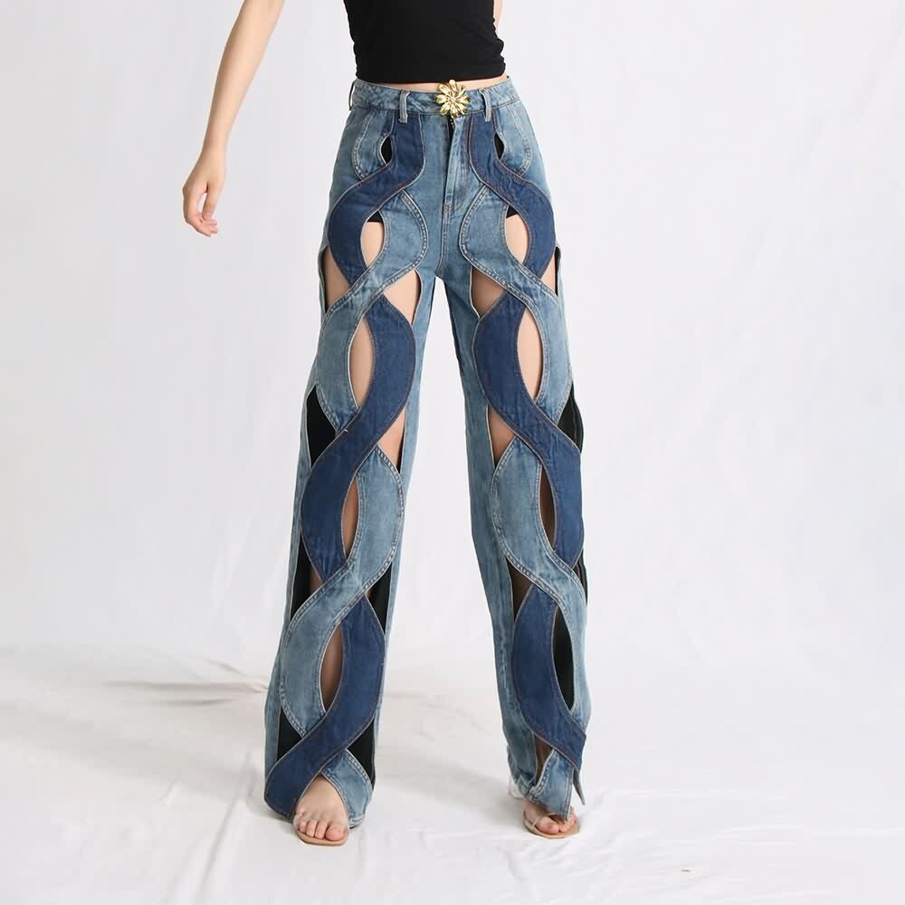 Y2K Grunge Two Tone Criss Cross Cut Out Denim Jeans - 90s Retro Summer Fashion