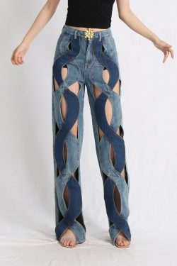 Y2K Grunge Two Tone Criss Cross Cut Out Denim Jeans - 90s Retro Summer Fashion