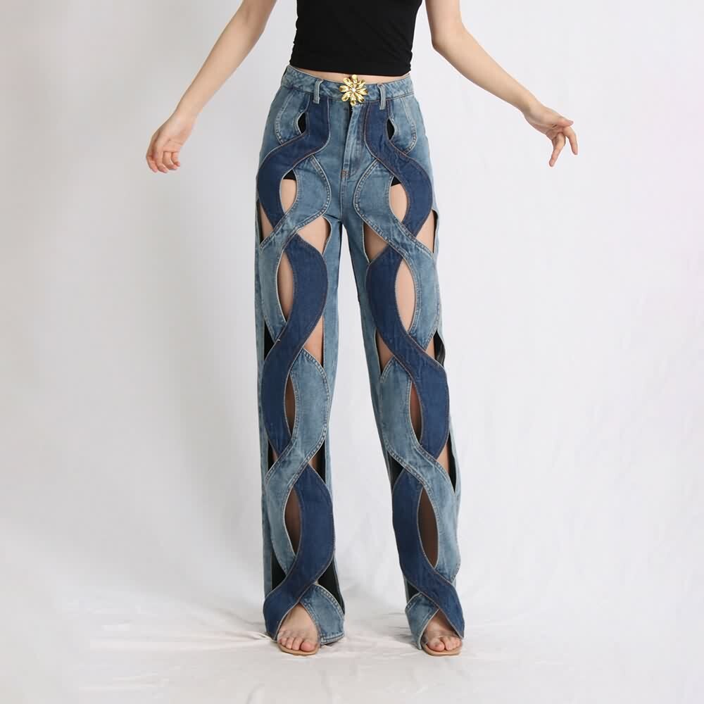 Y2K Grunge Two Tone Criss Cross Cut Out Denim Jeans - 90s Retro Summer Fashion