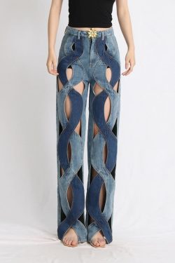 Y2K Grunge Two Tone Criss Cross Cut Out Denim Jeans - 90s Retro Summer Fashion