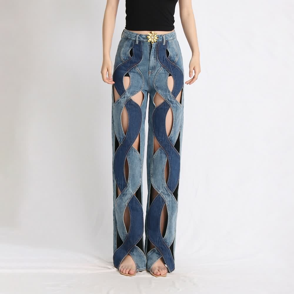 Y2K Grunge Two Tone Criss Cross Cut Out Denim Jeans - 90s Retro Summer Fashion