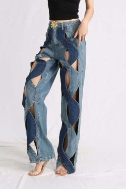 Y2K Grunge Two Tone Criss Cross Cut Out Denim Jeans - 90s Retro Summer Fashion