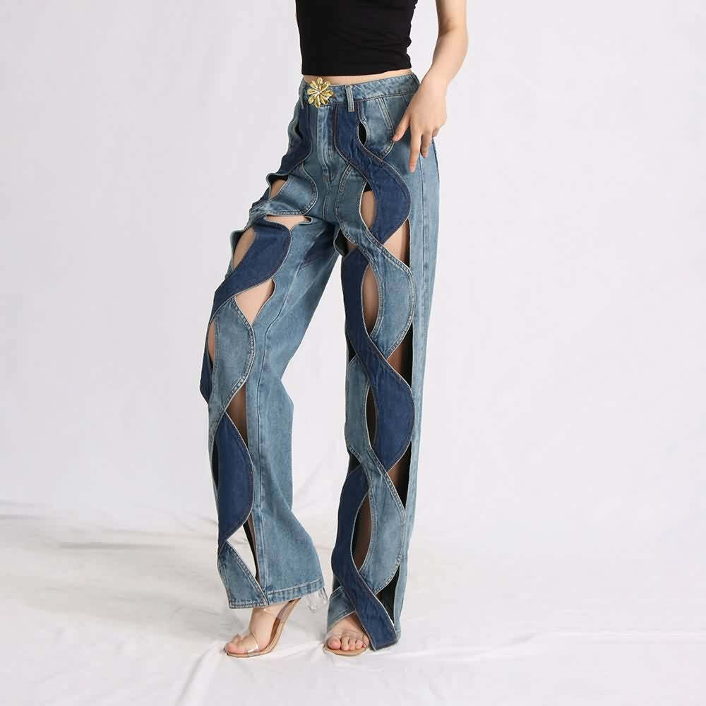 Y2K Grunge Two Tone Criss Cross Cut Out Denim Jeans - 90s Retro Summer Fashion
