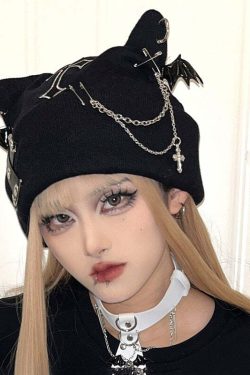 Y2K Grunge Visual Kei Cat Ear Beanie Hat - 90s Retro Goth Fashion for Summer Outfits