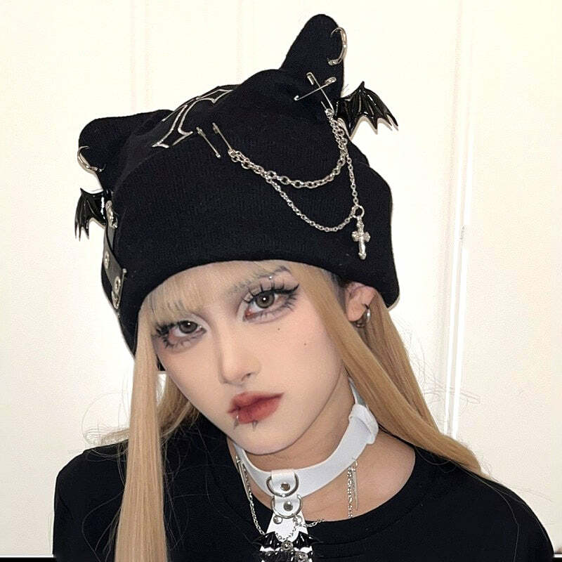 Y2K Grunge Visual Kei Cat Ear Beanie Hat - 90s Retro Goth Fashion for Summer Outfits
