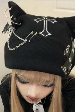 Y2K Grunge Visual Kei Cat Ear Beanie Hat - 90s Retro Goth Fashion for Summer Outfits