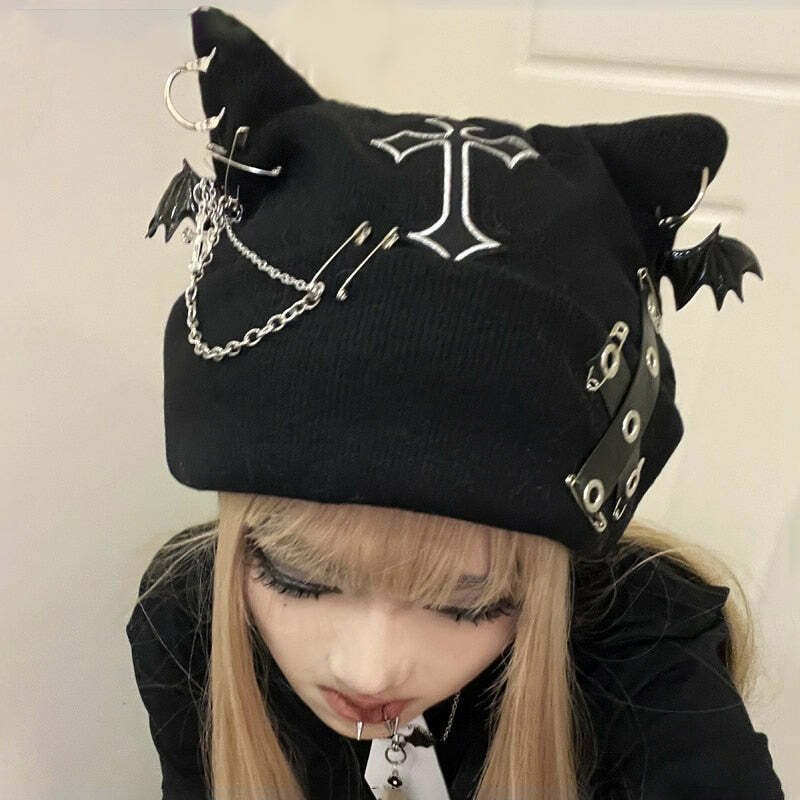 Y2K Grunge Visual Kei Cat Ear Beanie Hat - 90s Retro Goth Fashion for Summer Outfits