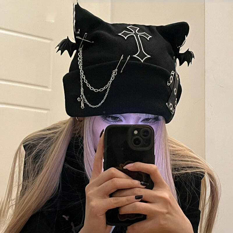 Y2K Grunge Visual Kei Cat Ear Beanie Hat - 90s Retro Goth Fashion for Summer Outfits
