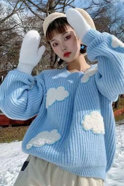 Y2K Grunge White Clouds Knitted Jumper - Retro 90s Fashion, Summer Y2K Outfits, Pastel Goth