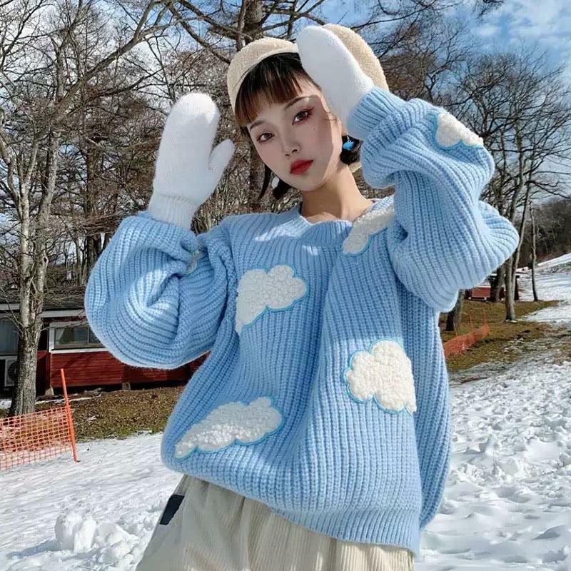 Y2K Grunge White Clouds Knitted Jumper - Retro 90s Fashion, Summer Y2K Outfits, Pastel Goth