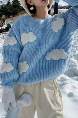 Y2K Grunge White Clouds Knitted Jumper - Retro 90s Fashion, Summer Y2K Outfits, Pastel Goth