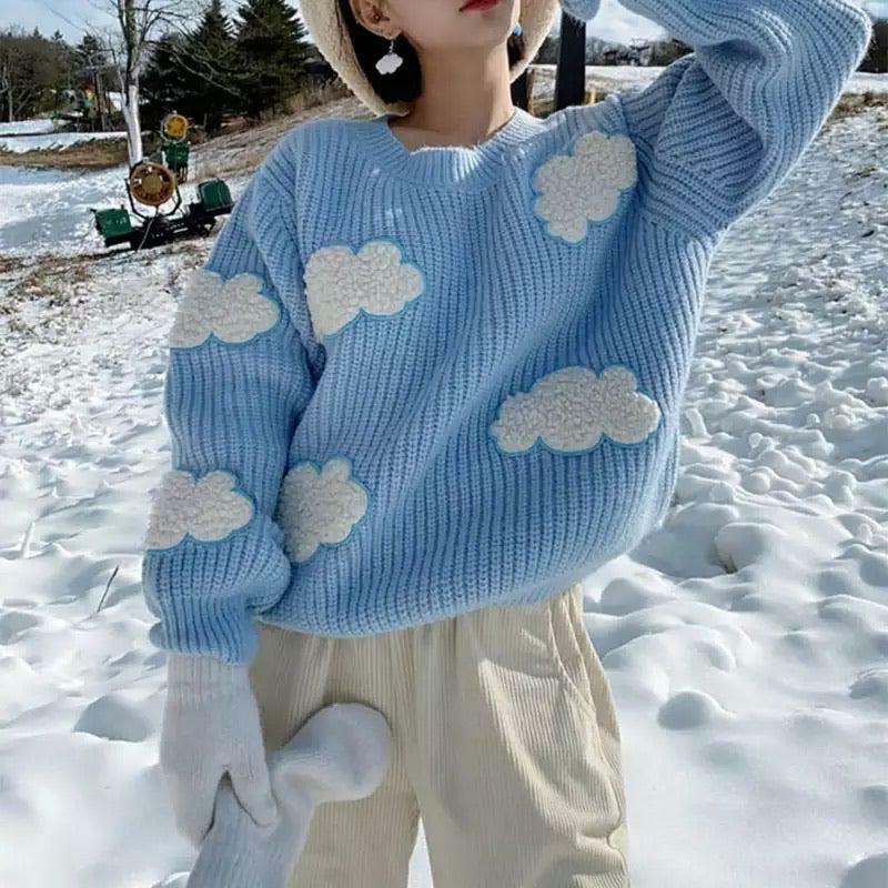 Y2K Grunge White Clouds Knitted Jumper - Retro 90s Fashion, Summer Y2K Outfits, Pastel Goth