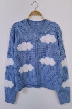 Y2K Grunge White Clouds Knitted Jumper - Retro 90s Fashion, Summer Y2K Outfits, Pastel Goth
