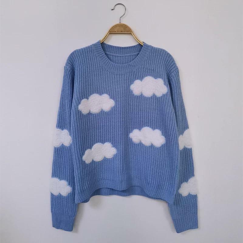 Y2K Grunge White Clouds Knitted Jumper - Retro 90s Fashion, Summer Y2K Outfits, Pastel Goth