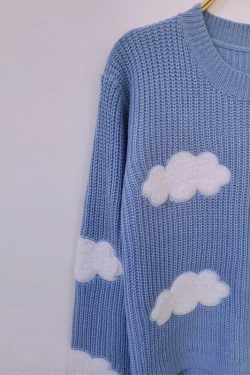 Y2K Grunge White Clouds Knitted Jumper - Retro 90s Fashion, Summer Y2K Outfits, Pastel Goth