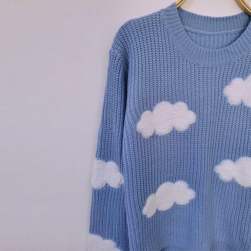 Y2K Grunge White Clouds Knitted Jumper - Retro 90s Fashion, Summer Y2K Outfits, Pastel Goth