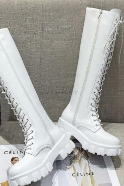 Y2K Grunge White Knee High Low Platform Boots - Retro 90s Fashion, Summer & Party Outfits