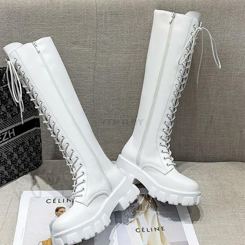 Y2K Grunge White Knee High Low Platform Boots - Retro 90s Fashion, Summer & Party Outfits