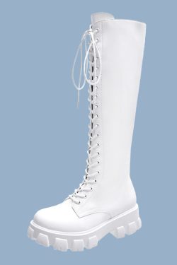 Y2K Grunge White Knee High Low Platform Boots - Retro 90s Fashion, Summer & Party Outfits
