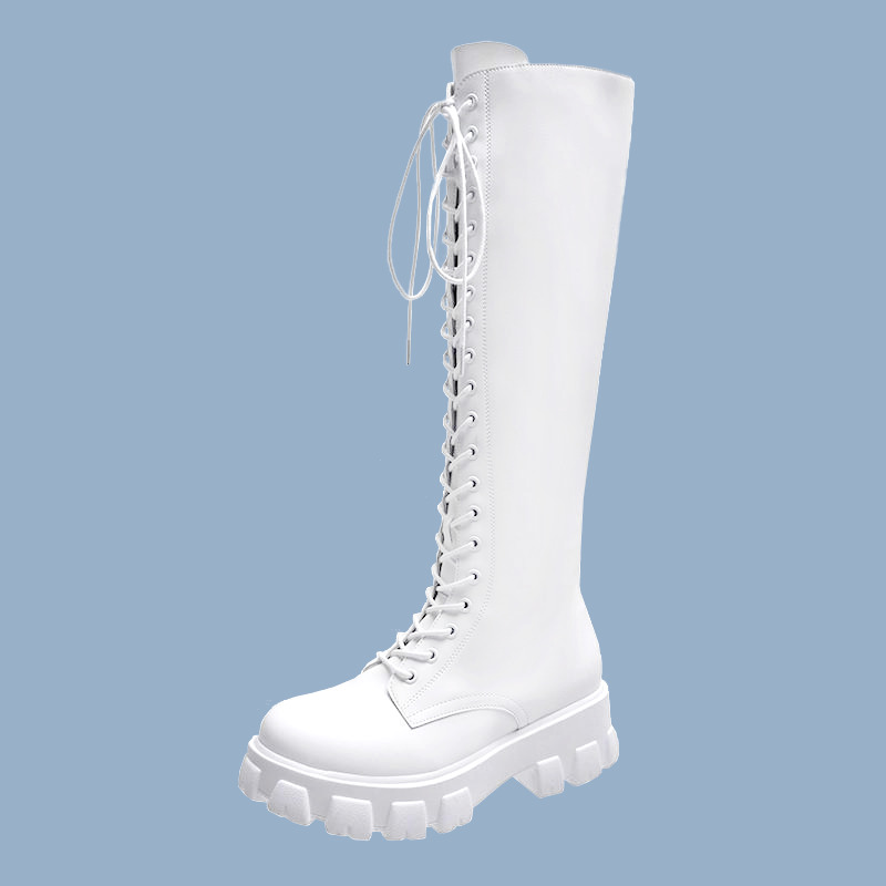 Y2K Grunge White Knee High Low Platform Boots - Retro 90s Fashion, Summer & Party Outfits