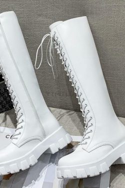 Y2K Grunge White Knee High Low Platform Boots - Retro 90s Fashion, Summer & Party Outfits