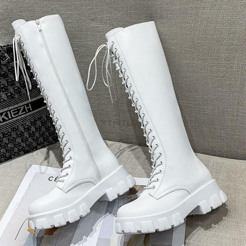 Y2K Grunge White Knee High Low Platform Boots - Retro 90s Fashion, Summer & Party Outfits
